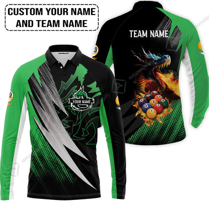 Custom Billiards Men Polo Shirt, Custom Name And Team Name Billiards Pool 9 Ball Dragon Green Pattern Polo Shirt