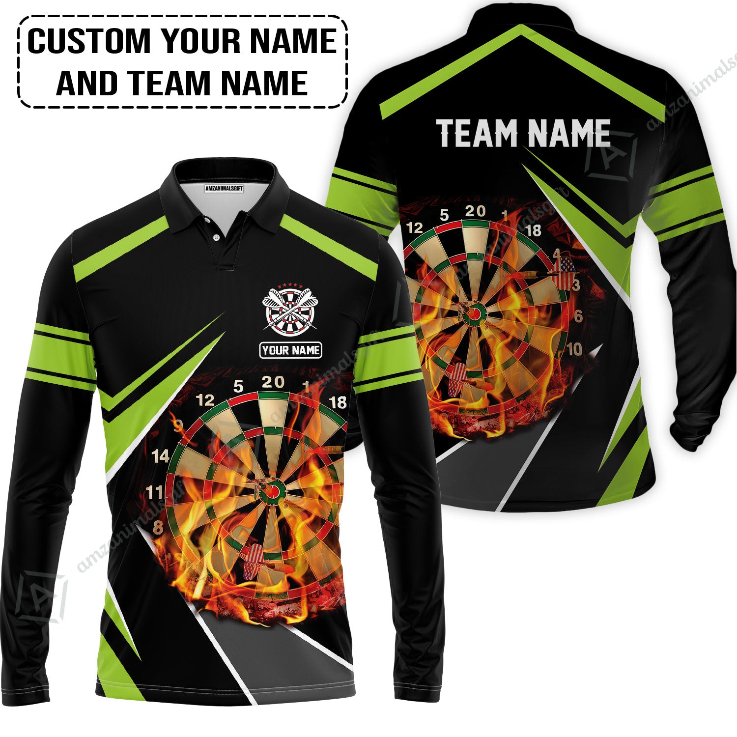 Customized Name & Team Name Darts Long Polo Shirt, Dartboard Flame Personalized Darts Long Polo Shirt