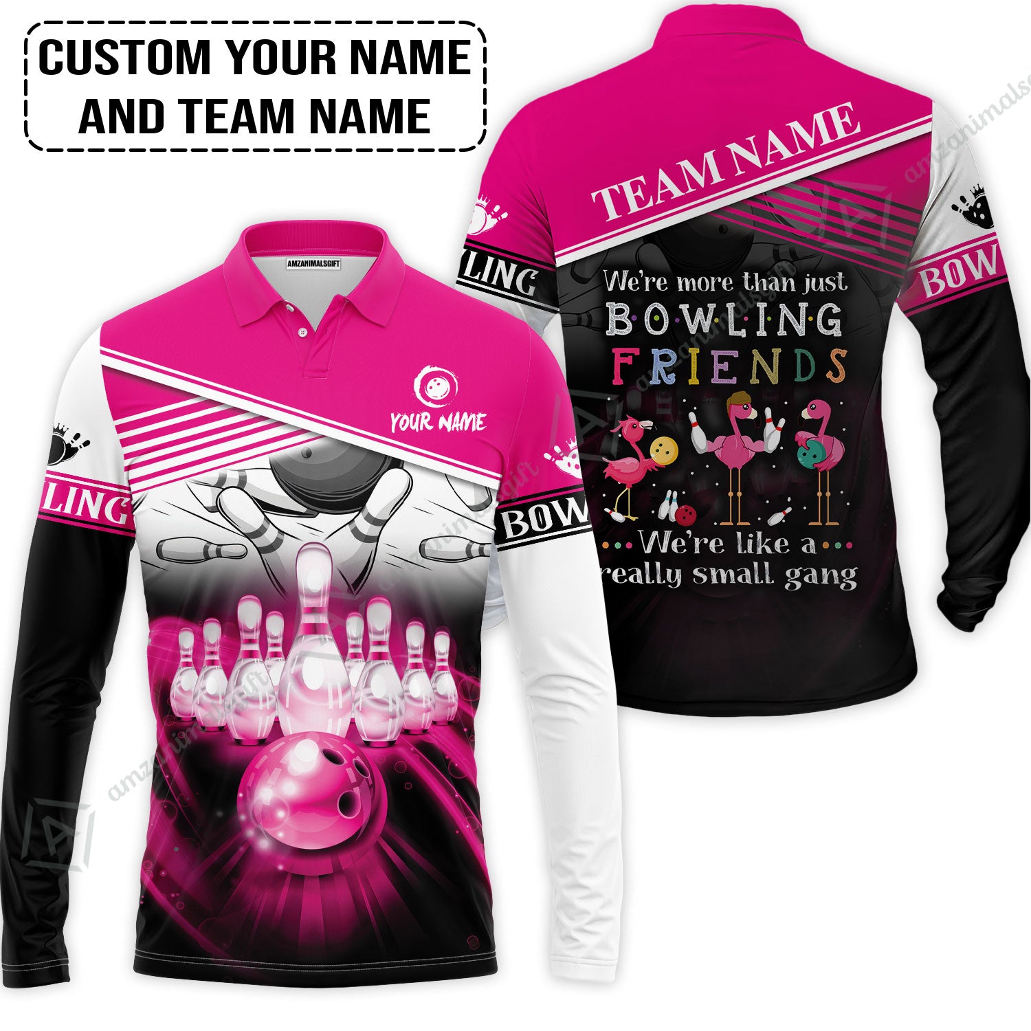 Customized Bowling Long Polo Shirt, Flamingo Personalized Bowling Team We're Like A Really Small Gang Bowling Long Polo Shirt