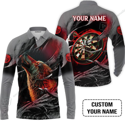 Customized Name Darts Zip Polo Shirt, Bullseye Dartboard Personalized Flame Wolf And Darts Zip Polo Shirt