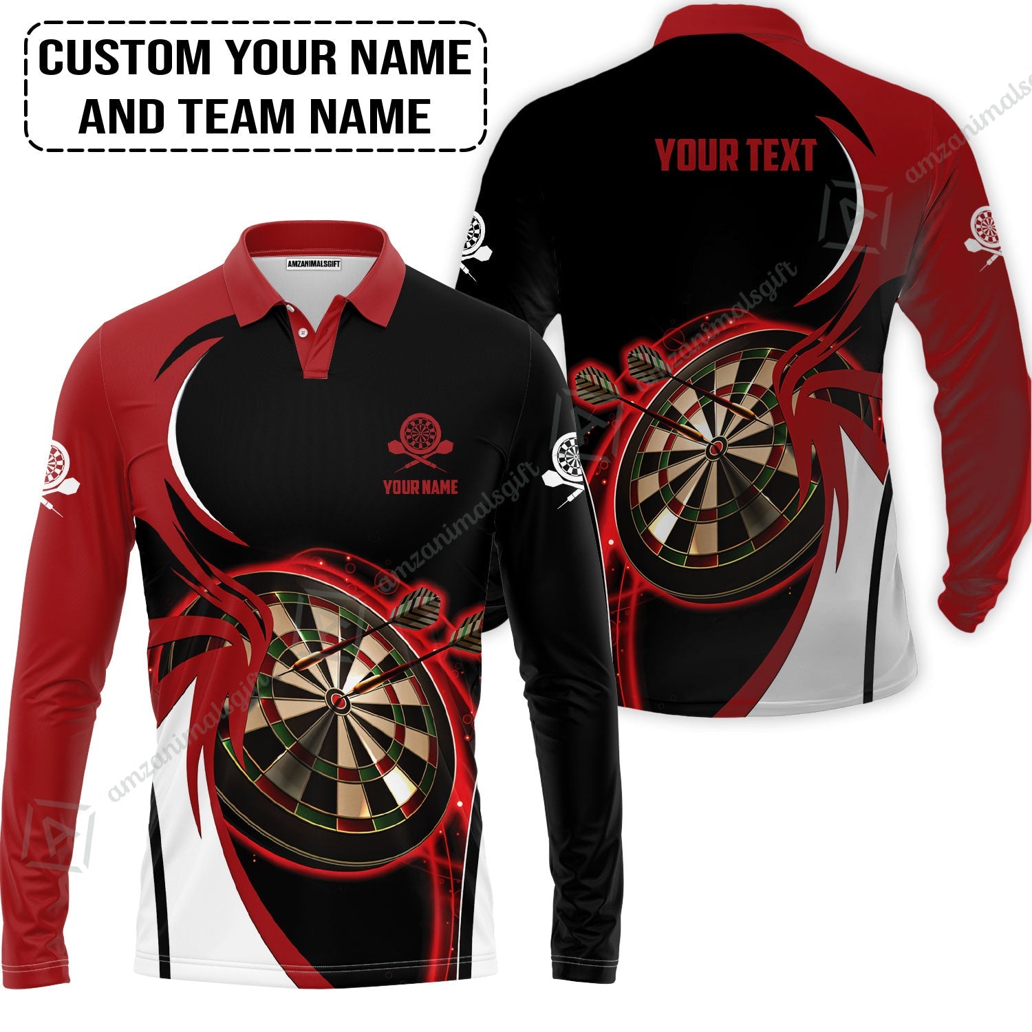 Customized Name & Text Darts Long Polo Shirt, Personalized Red Darts Uniforms Long Polo Shirt