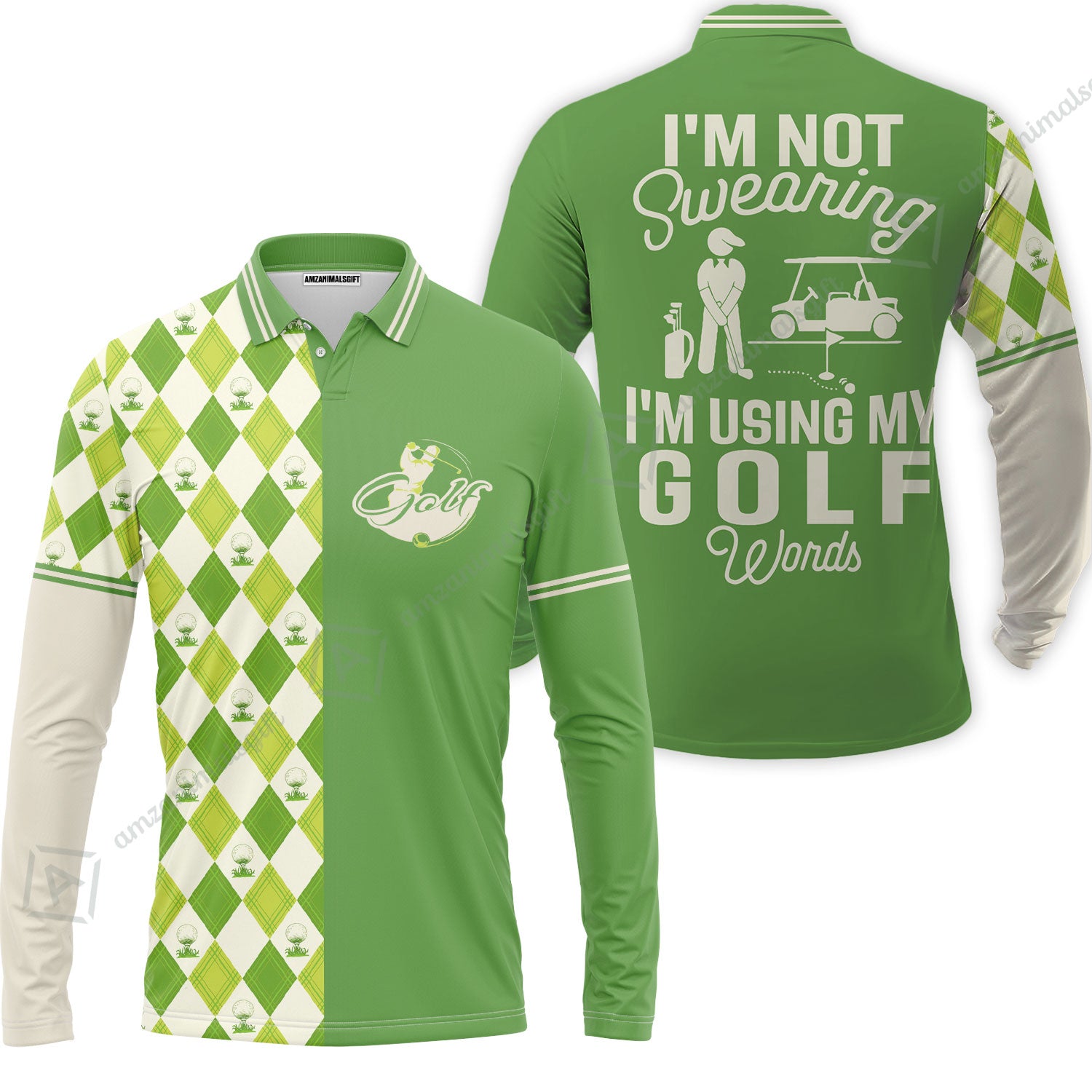 Golf Long Polo Shirt, I'm Not Swearing I'm Using My Golf Words Long Polo Shirt, Green Argyle Pattern Long Polo Shirt