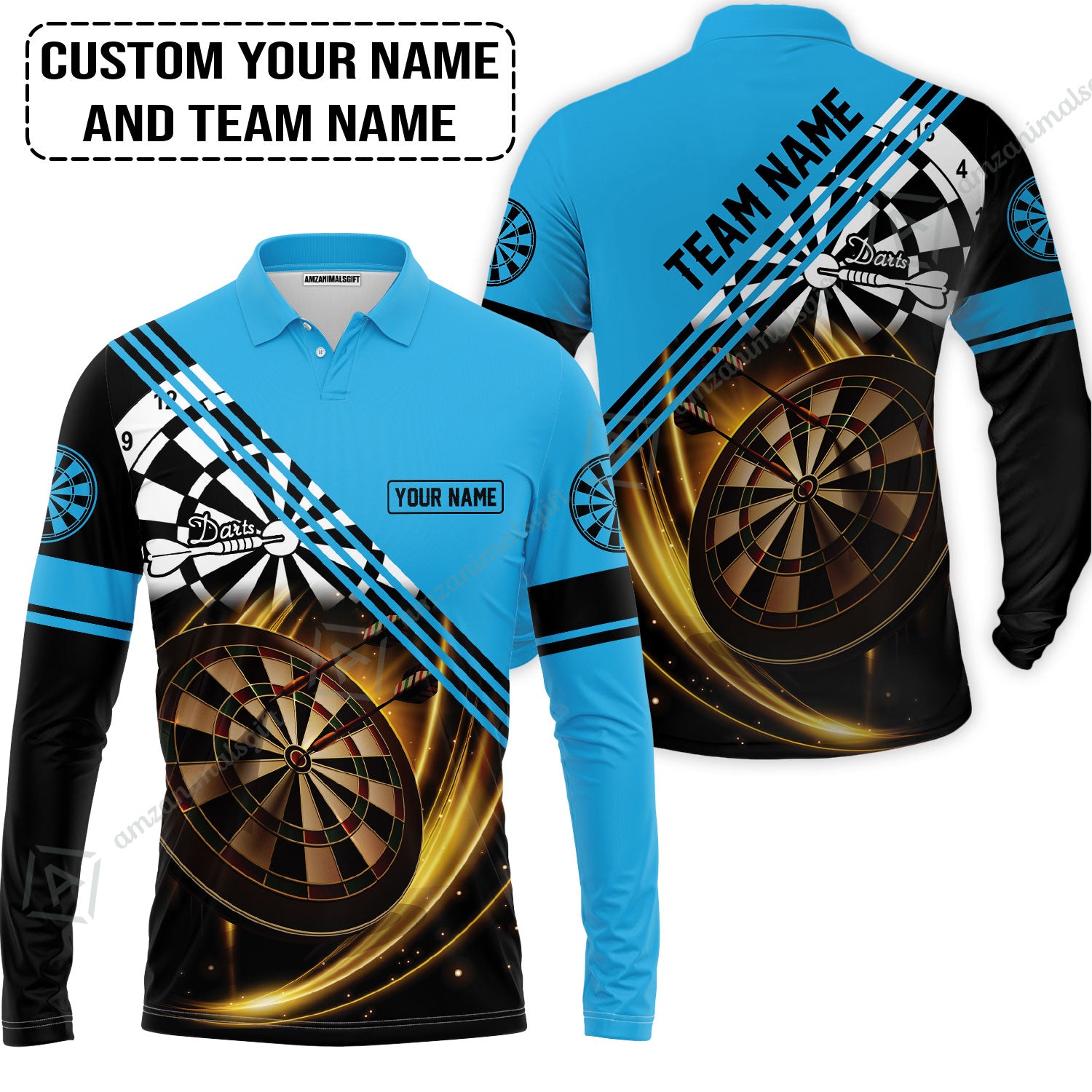 Customized Name & Team Name Darts Long Polo Shirt, I Love Darts Personalized Blue Darts Long Polo Shirt