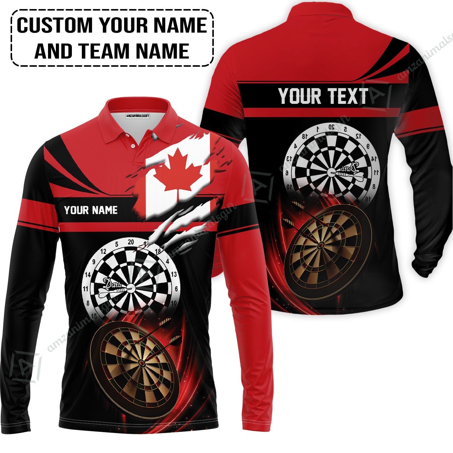 Customized Name & Text Darts Long Polo Shirt, Canada Flag Personalized Name Darts Long Polo Shirt