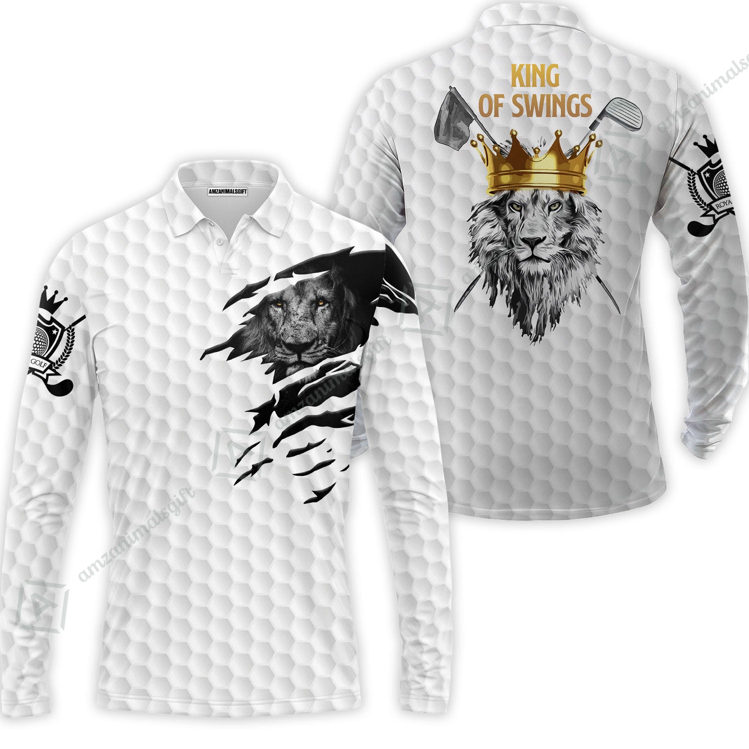 Black And White Lion King Sketching Golf Long Polo Shirt, King Of Swings Lion Golfing Long Polo Shirt