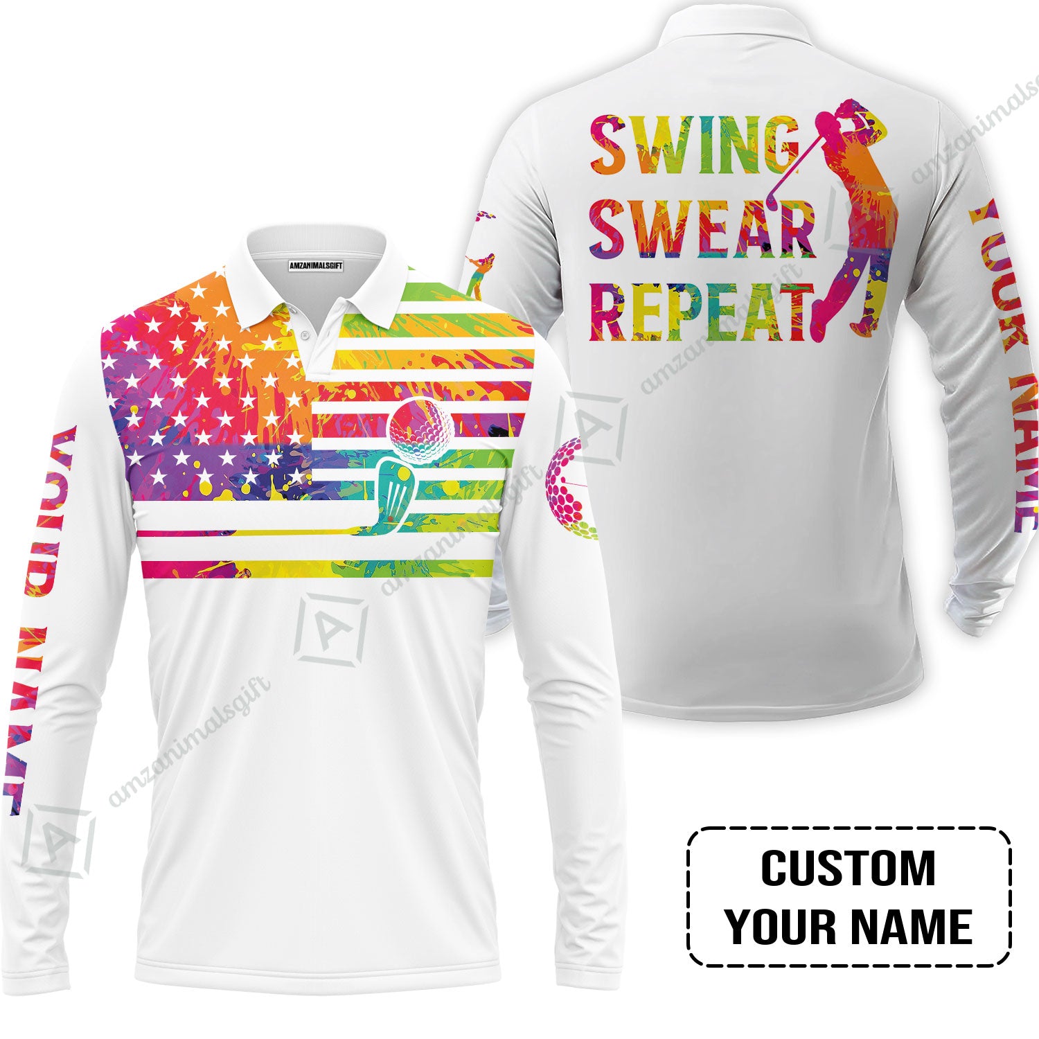 Golf Long Polo Shirt - Funny Watercolor American Flag Custom Name White Apparel - Swing Swear Repeat Golf Long Polo Shirt