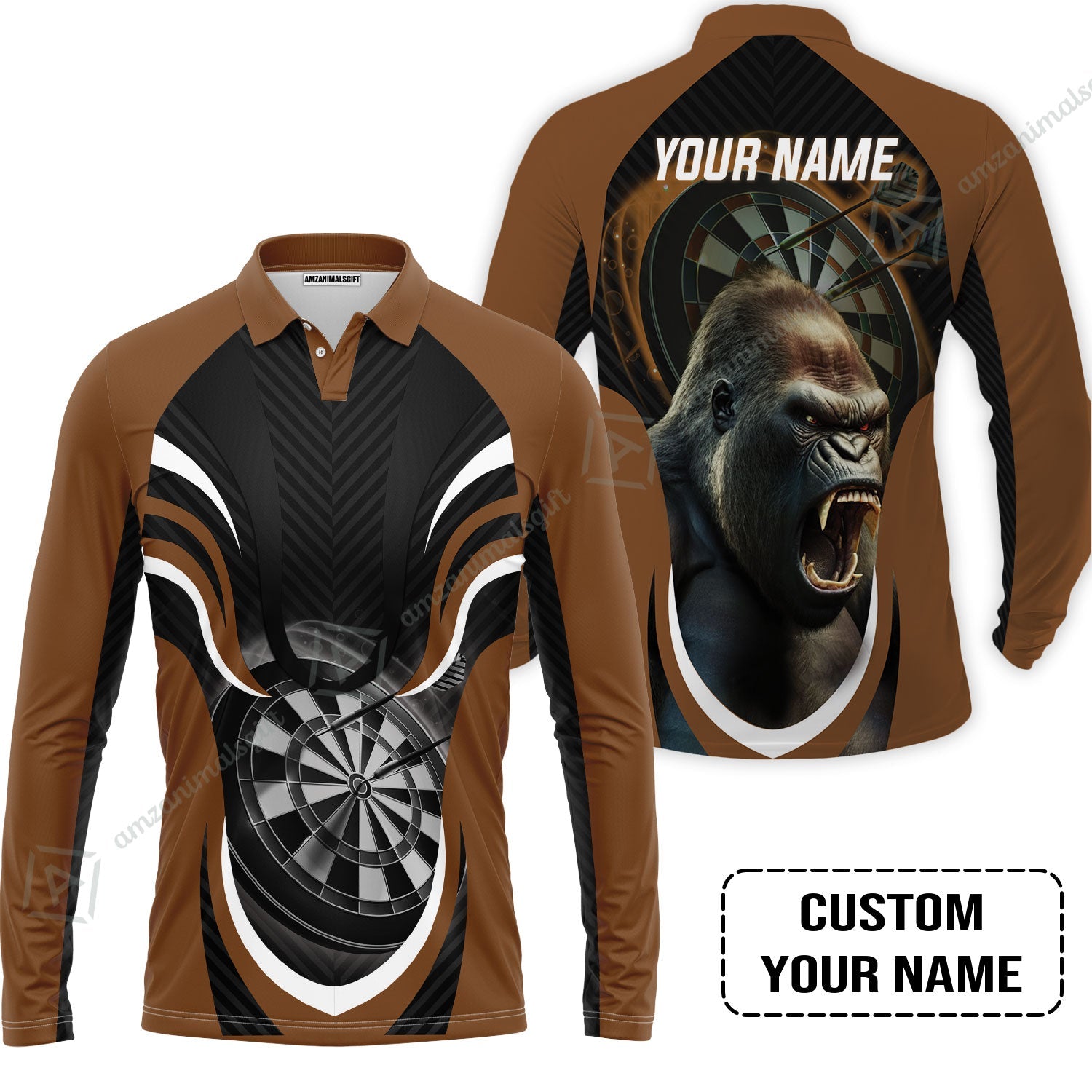 Gorilla And Darts Custom Name Long Polo Shirt, Bullseye Dartboard Brown Personalized Long Polo Shirt