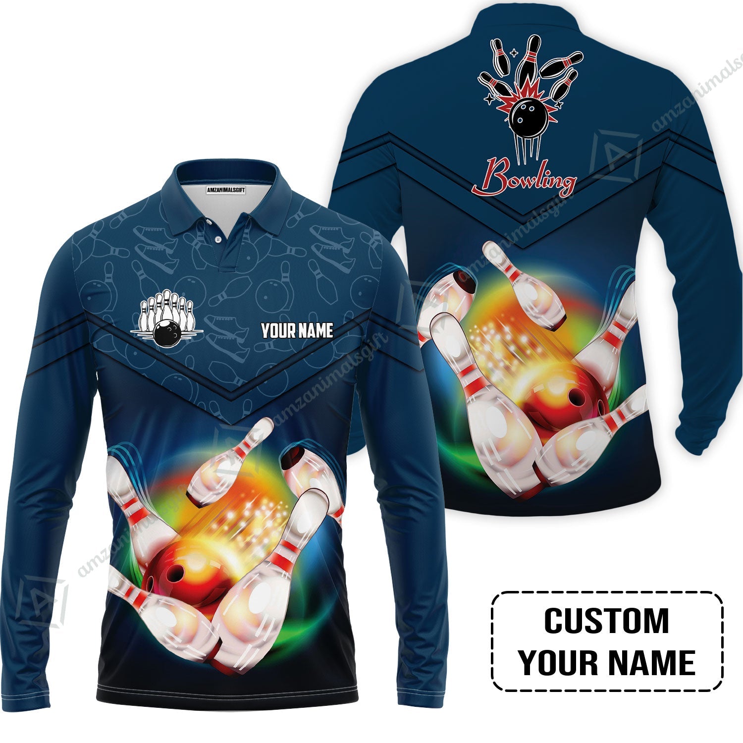 Custom Bowling Long Polo Shirt- Amazing Bowling Ball Pattern And Shoe Personalized Name Long Polo Shirt