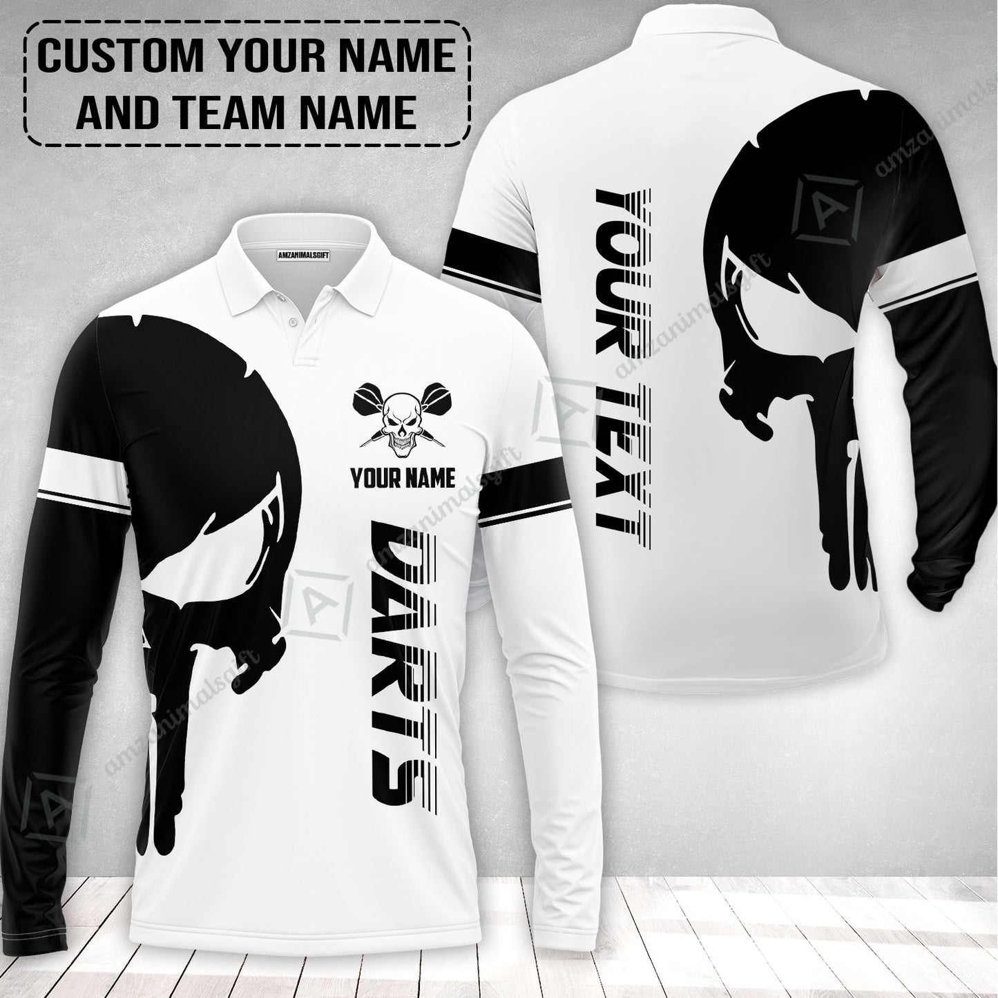 Customized Name & Text Darts Long Polo Shirt, Darts Skull Personalized Name Darts Long Polo Shirt