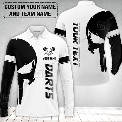 Customized Name & Text Darts Long Polo Shirt, Darts Skull Personalized Name Darts Long Polo Shirt