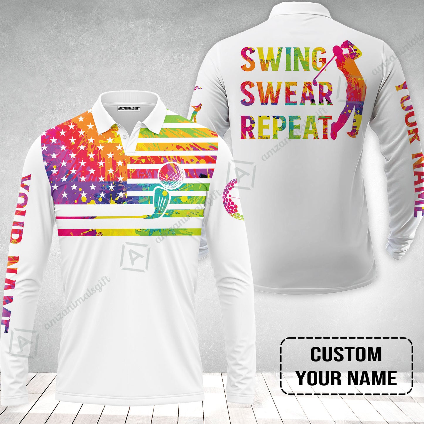 Golf Long Polo Shirt - Funny Watercolor American Flag Custom Name White Apparel - Swing Swear Repeat Golf Long Polo Shirt