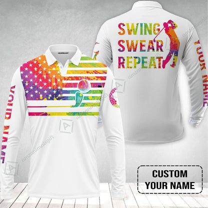 Golf Long Polo Shirt - Funny Watercolor American Flag Custom Name White Apparel - Swing Swear Repeat Golf Long Polo Shirt