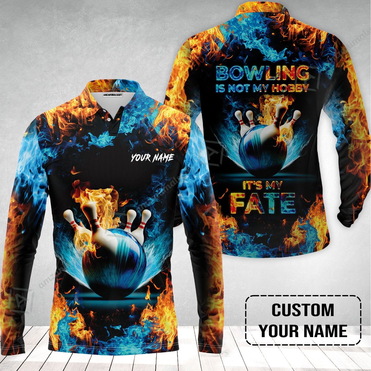 Bowling Custom Long Polo Shirt - Custom Name Blue Bowling Ball And Pins On Fire Personalized Bowling Long Polo Shirt