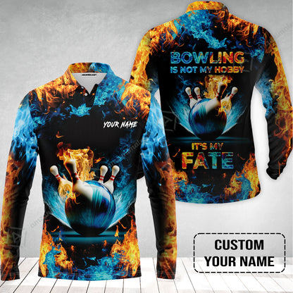 Bowling Custom Long Polo Shirt - Custom Name Blue Bowling Ball And Pins On Fire Personalized Bowling Long Polo Shirt