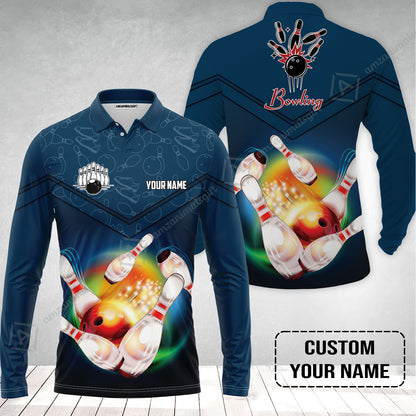 Custom Bowling Long Polo Shirt- Amazing Bowling Ball Pattern And Shoe Personalized Name Long Polo Shirt