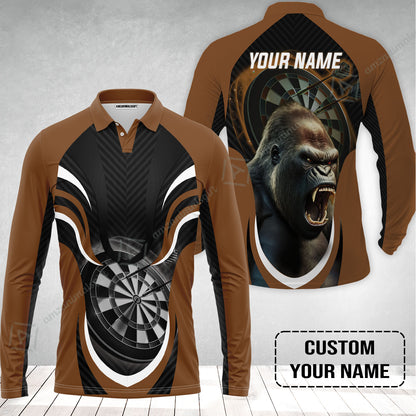 Gorilla And Darts Custom Name Long Polo Shirt, Bullseye Dartboard Brown Personalized Long Polo Shirt