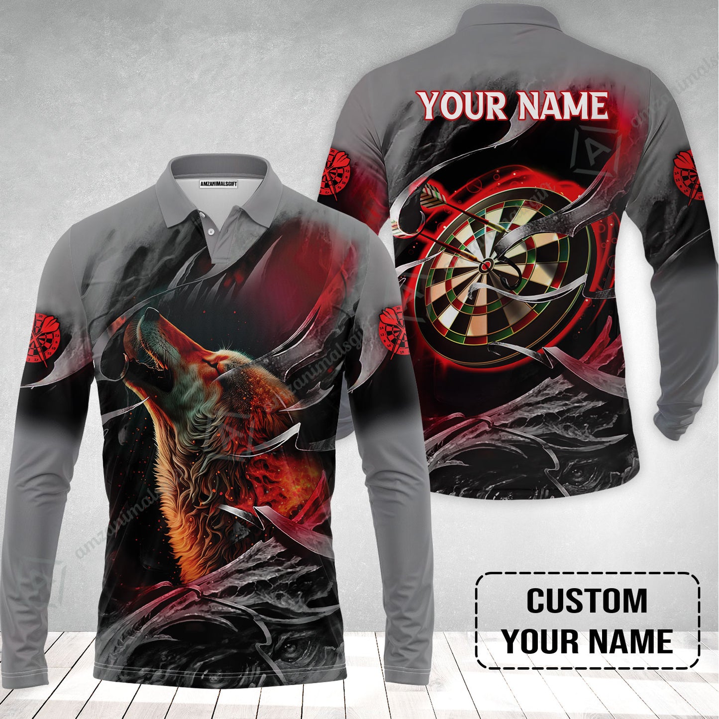 Customized Name Darts Long Polo Shirt, Bullseye Dartboard Personalized Flame Wolf And Darts Long Polo Shirt