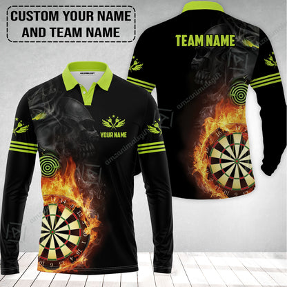 Customized Name & Team Darts Long Polo Shirt, Skull Darts Flame Personalized Darts Long Polo Shirt