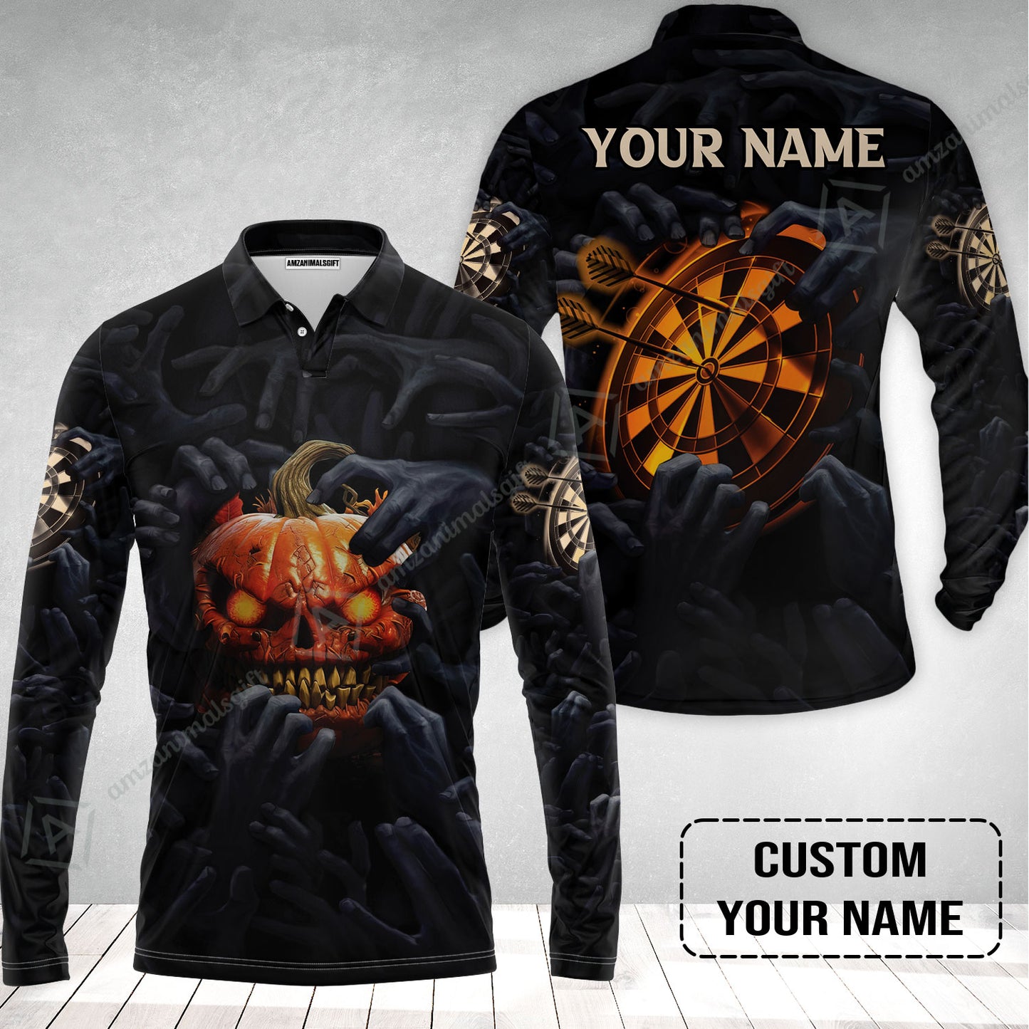 Customized Name Darts Long Polo Shirt, Bullseye Dartboard Personalized Pumpkin And Darts Long Polo Shirt