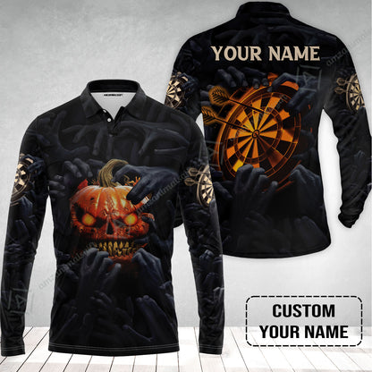 Customized Name Darts Long Polo Shirt, Bullseye Dartboard Personalized Pumpkin And Darts Long Polo Shirt