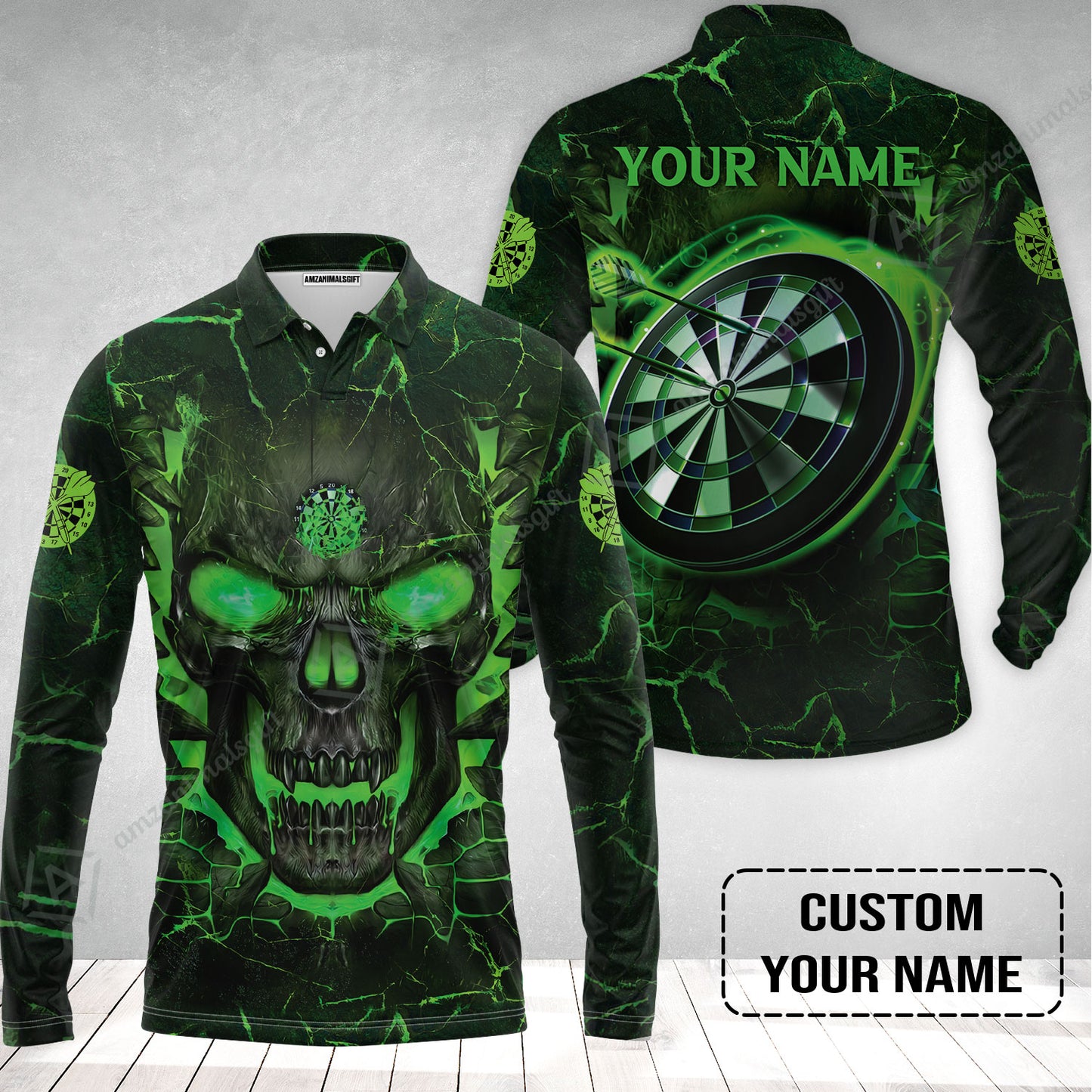 Customized Darts Long Polo Shirt, Flame Green Skull Dartboard Personalized Skull And Darts Long Polo Shirt