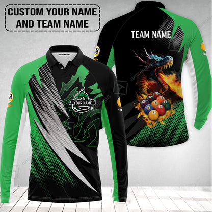 Custom Billiards Long Polo Shirt, Custom Name And Team Name Billiards Pool 9 Ball Dragon Green Pattern Long Polo Shirt
