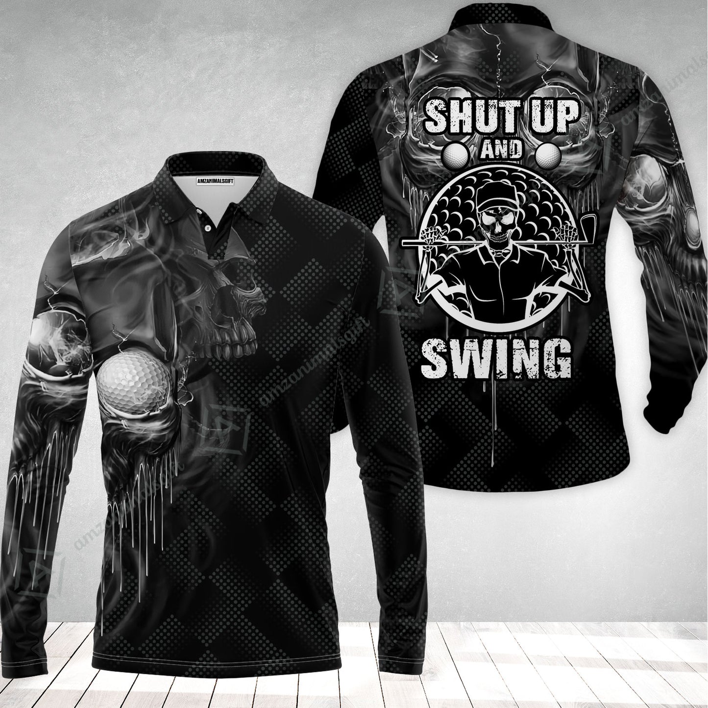 Men Golf Long Polo Shirt - Scary Skull Golf Men Polo Shirt, Golf Shut Up Shirt Design For Men, Best Halloween Long Polo Shirt