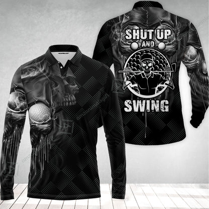 Men Golf Long Polo Shirt - Scary Skull Golf Men Polo Shirt, Golf Shut Up Shirt Design For Men, Best Halloween Long Polo Shirt