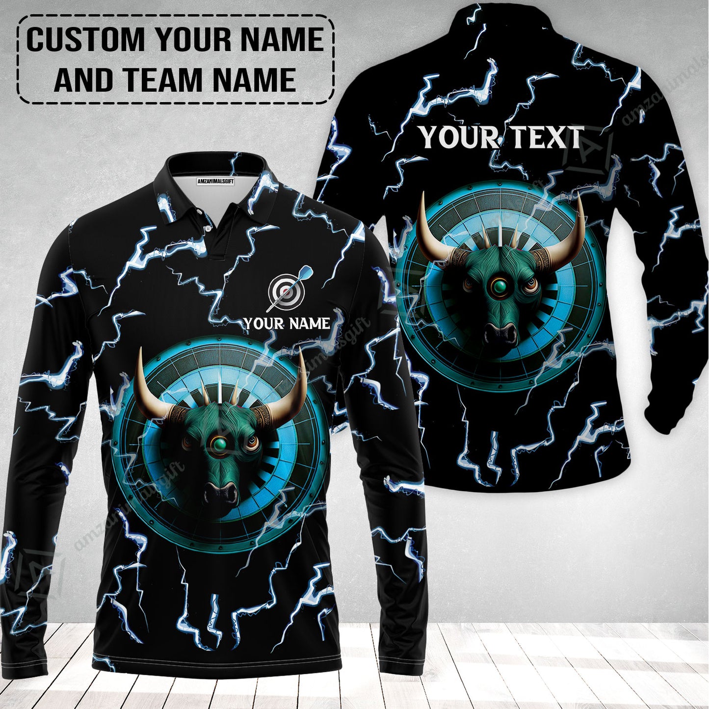 Customized Name & Text Darts Long Polo Shirt, Personalized Name Bullseye Dartboard Long Polo Shirt