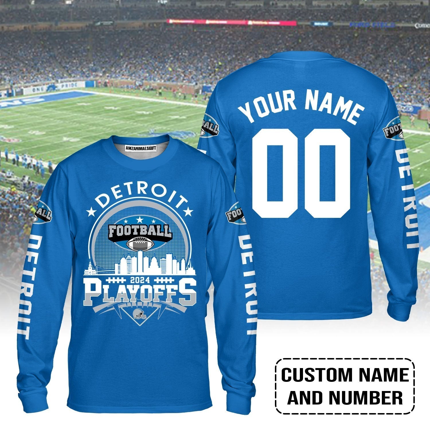 Detroit Football 2023-2024 Playoffs Skyline Custom Long Sleeve, Detroit Game Day Long Sleeve, Playoffs Shirts For Detroit Football Fans