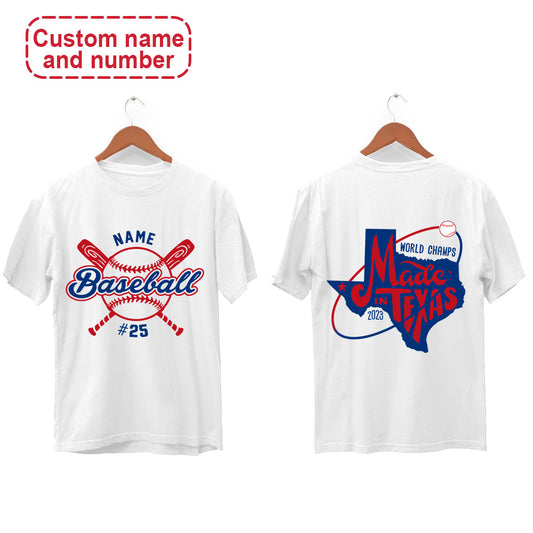 Custom Name and Number Texas Baseball Champs T-Shirts, Texas Baseball 2023 World Champs T-Shirts, Perfect Outfit For Texas Baseball Lovers