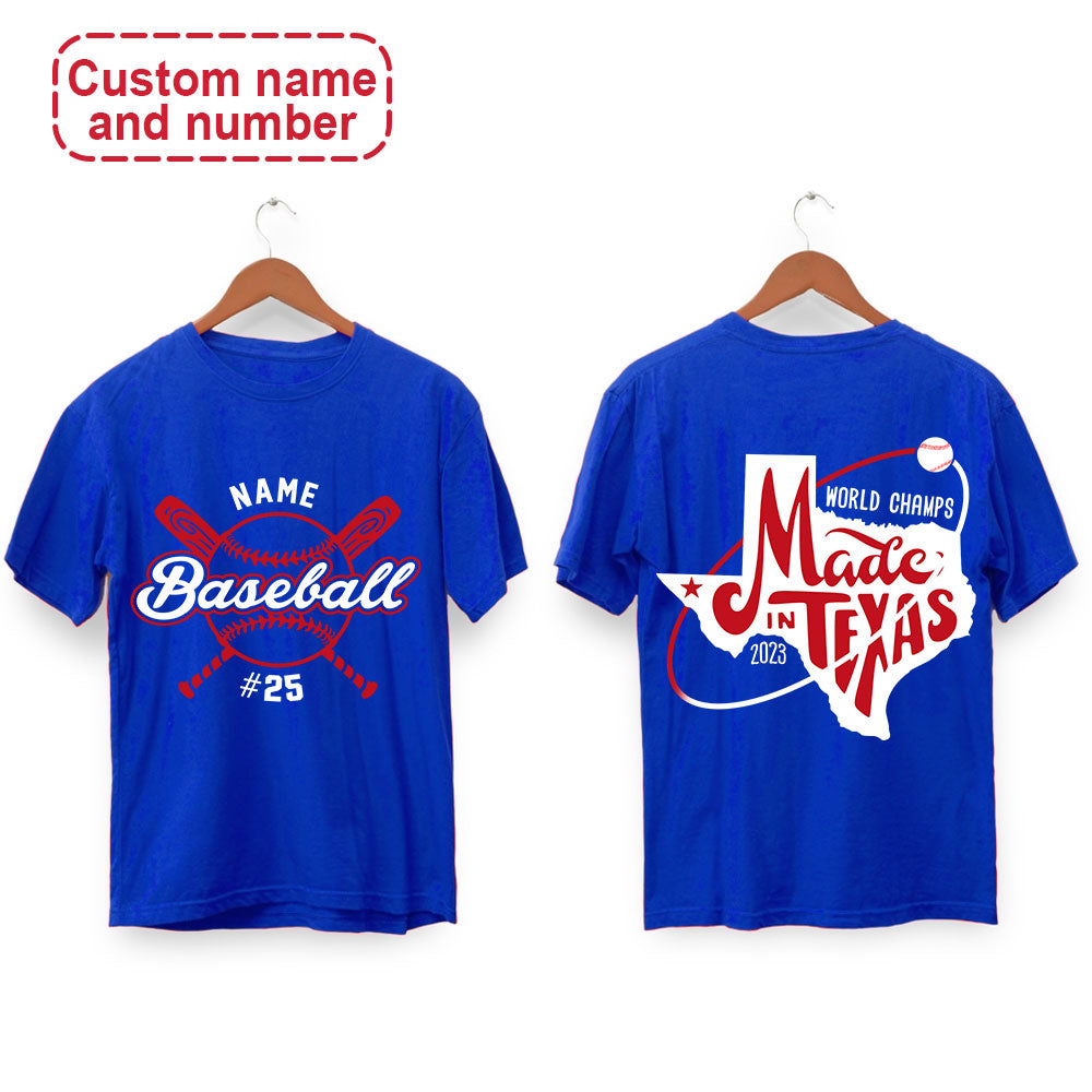 Custom Name and Number Texas Baseball Champs T-Shirts, Texas Baseball 2023 World Champs T-Shirts, Perfect Outfit For Texas Baseball Lovers