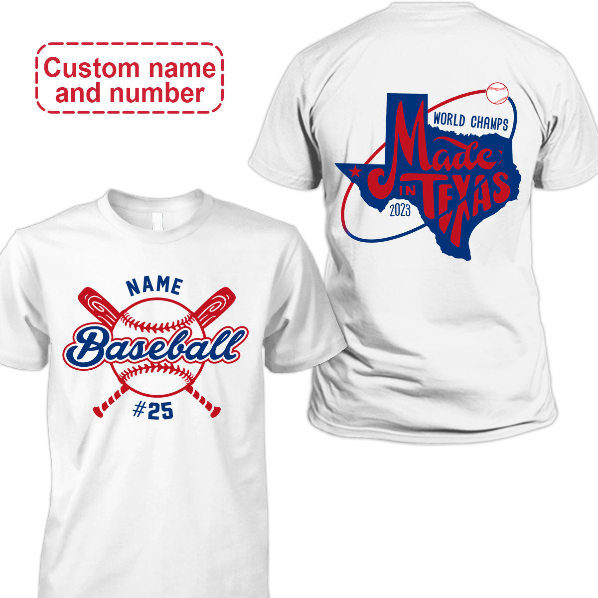 Custom Name and Number Texas Baseball Champs T-Shirts, Texas Baseball 2023 World Champs T-Shirts, Perfect Outfit For Texas Baseball Lovers