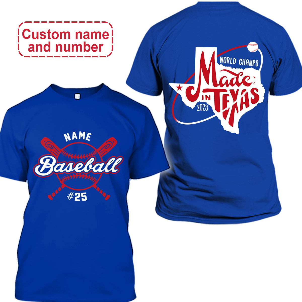 Custom Name and Number Texas Baseball Champs T-Shirts, Texas Baseball 2023 World Champs T-Shirts, Perfect Outfit For Texas Baseball Lovers
