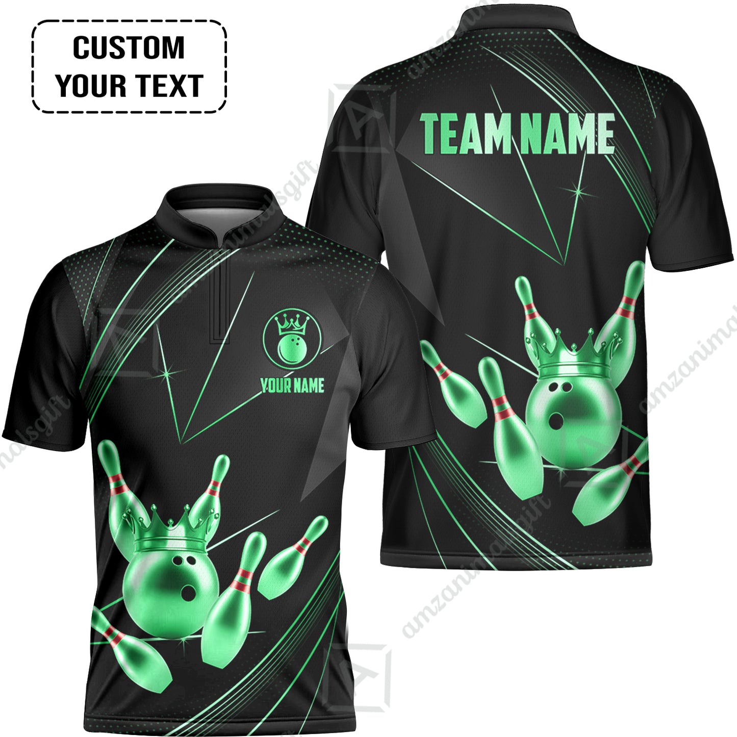 Custom Bowling Jerseys Shirts Women Quarter-Zip Polo,  Bowling Ball & Pins Premium Crown Customized Name And Team Name, custom bowling uniforms