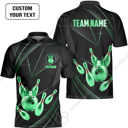 Custom Bowling Jerseys Shirts Women Quarter-Zip Polo,  Bowling Ball & Pins Premium Crown Customized Name And Team Name, custom bowling uniforms