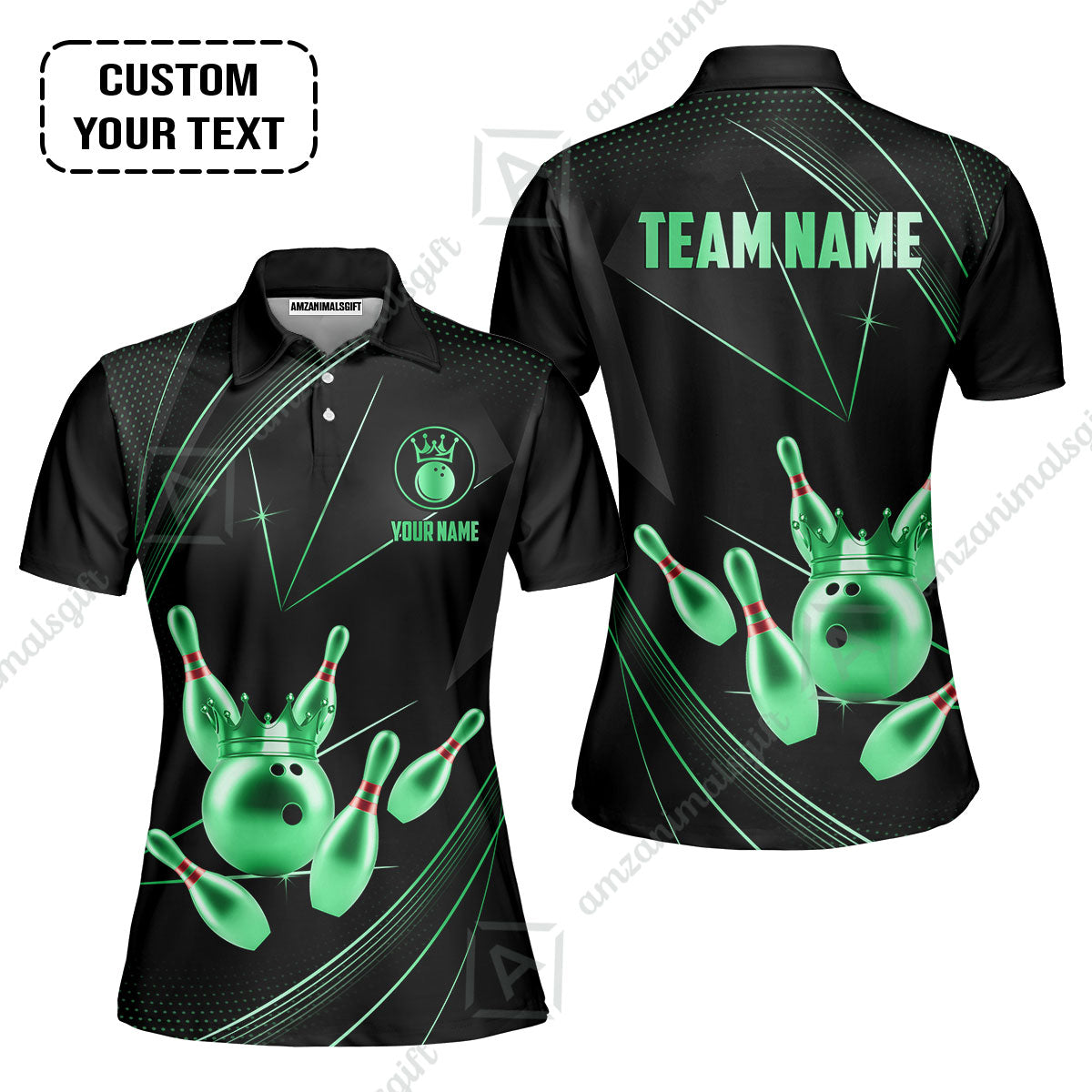 Custom Bowling Jerseys Shirts Women Quarter-Zip Polo,  Bowling Ball & Pins Premium Crown Customized Name And Team Name, custom bowling uniforms