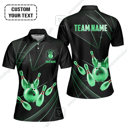 Custom Bowling Jerseys Shirts Women Quarter-Zip Polo,  Bowling Ball & Pins Premium Crown Customized Name And Team Name, custom bowling uniforms