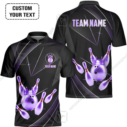 Custom Bowling Jerseys Shirts Women Quarter-Zip Polo,  Bowling Ball & Pins Premium Crown Customized Name And Team Name, custom bowling uniforms