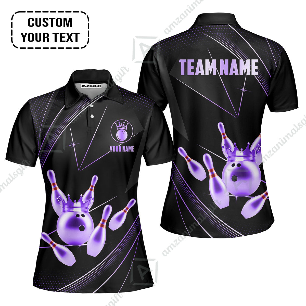 Custom Bowling Jerseys Shirts Women Quarter-Zip Polo,  Bowling Ball & Pins Premium Crown Customized Name And Team Name, custom bowling uniforms