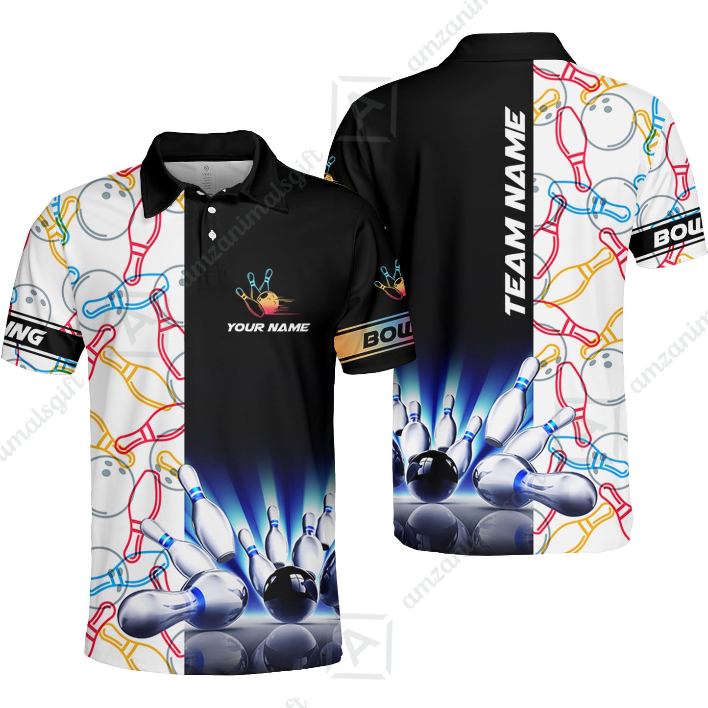 Custom Bowling Team Jersey, Light Bowling Polo Quarter-Zip Shirts, Bowling uniforms Ball & Pins Personalized Bowling Name And Team Name