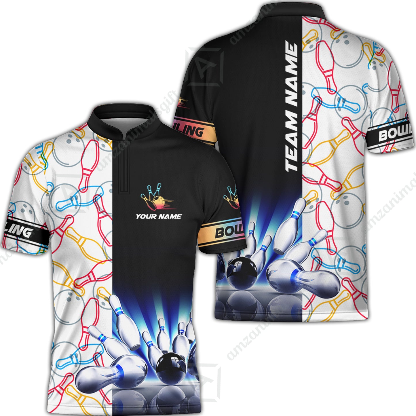 Custom Bowling Team Jersey, Light Bowling Polo Quarter-Zip Shirts, Bowling uniforms Ball & Pins Personalized Bowling Name And Team Name