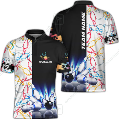 Custom Bowling Team Jersey, Light Bowling Polo Quarter-Zip Shirts, Bowling uniforms Ball & Pins Personalized Bowling Name And Team Name