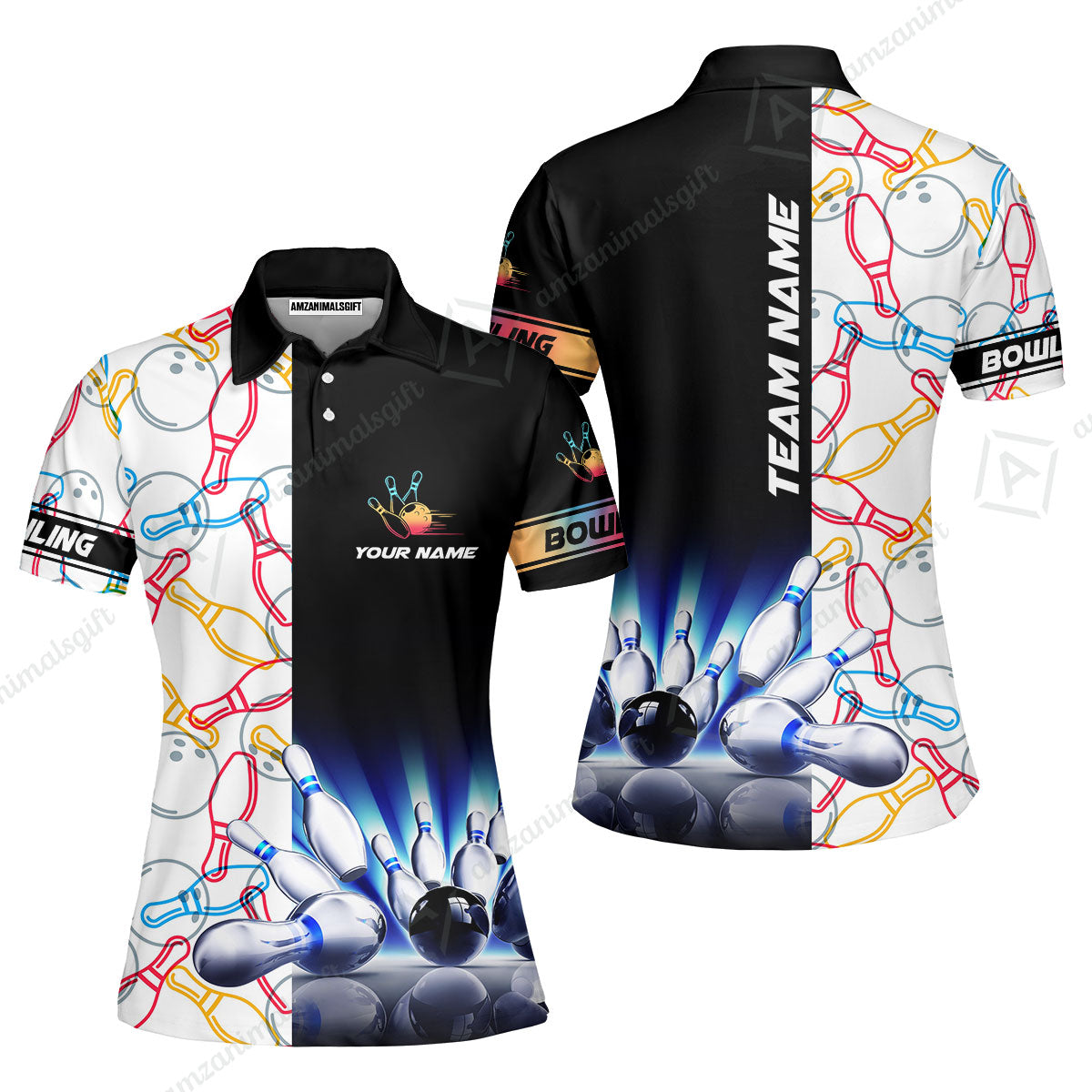 Custom Bowling Team Jersey, Light Bowling Polo Quarter-Zip Shirts, Bowling uniforms Ball & Pins Personalized Bowling Name And Team Name