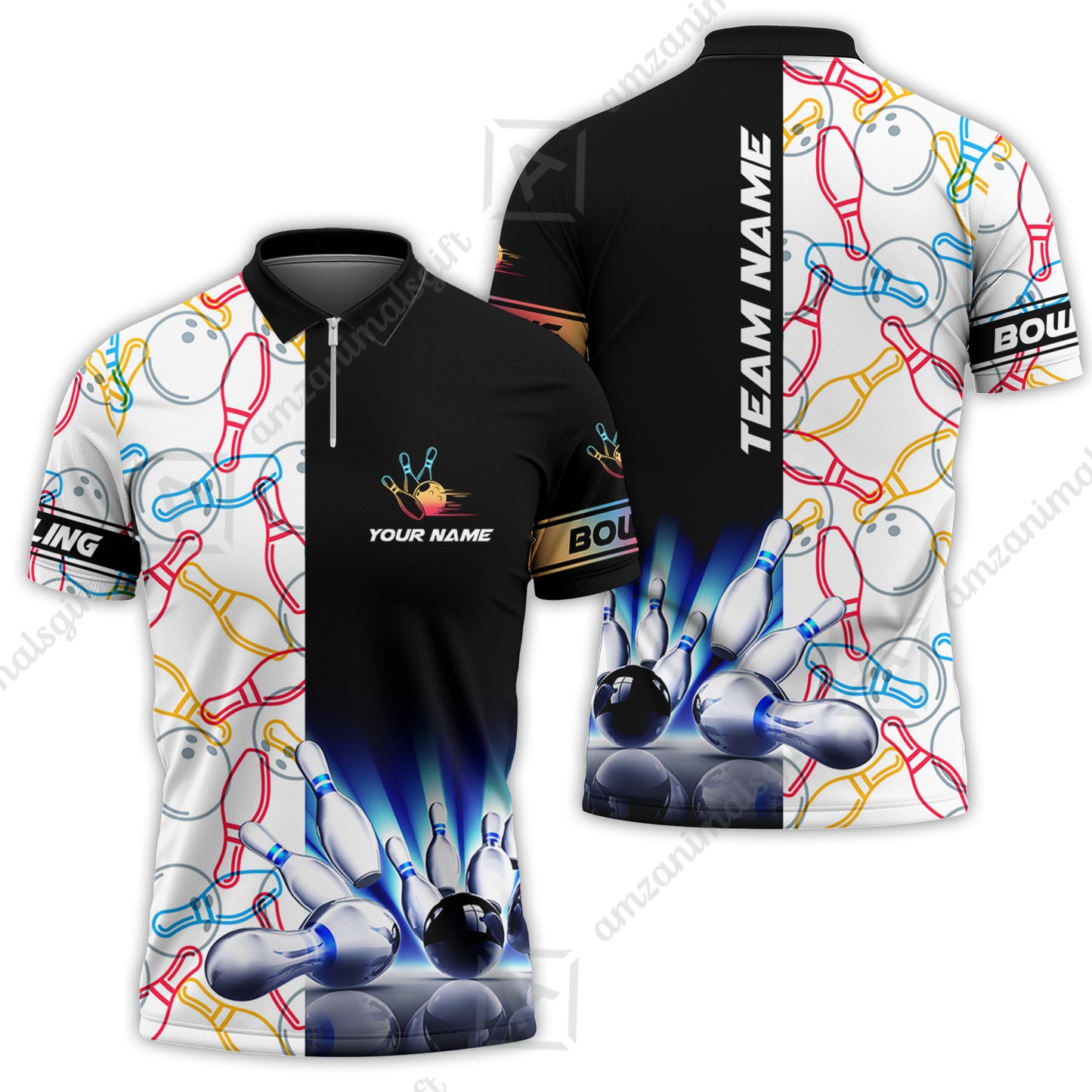 Custom Bowling Team Jersey, Light Bowling Polo Quarter-Zip Shirts, Bowling uniforms Ball & Pins Personalized Bowling Name And Team Name