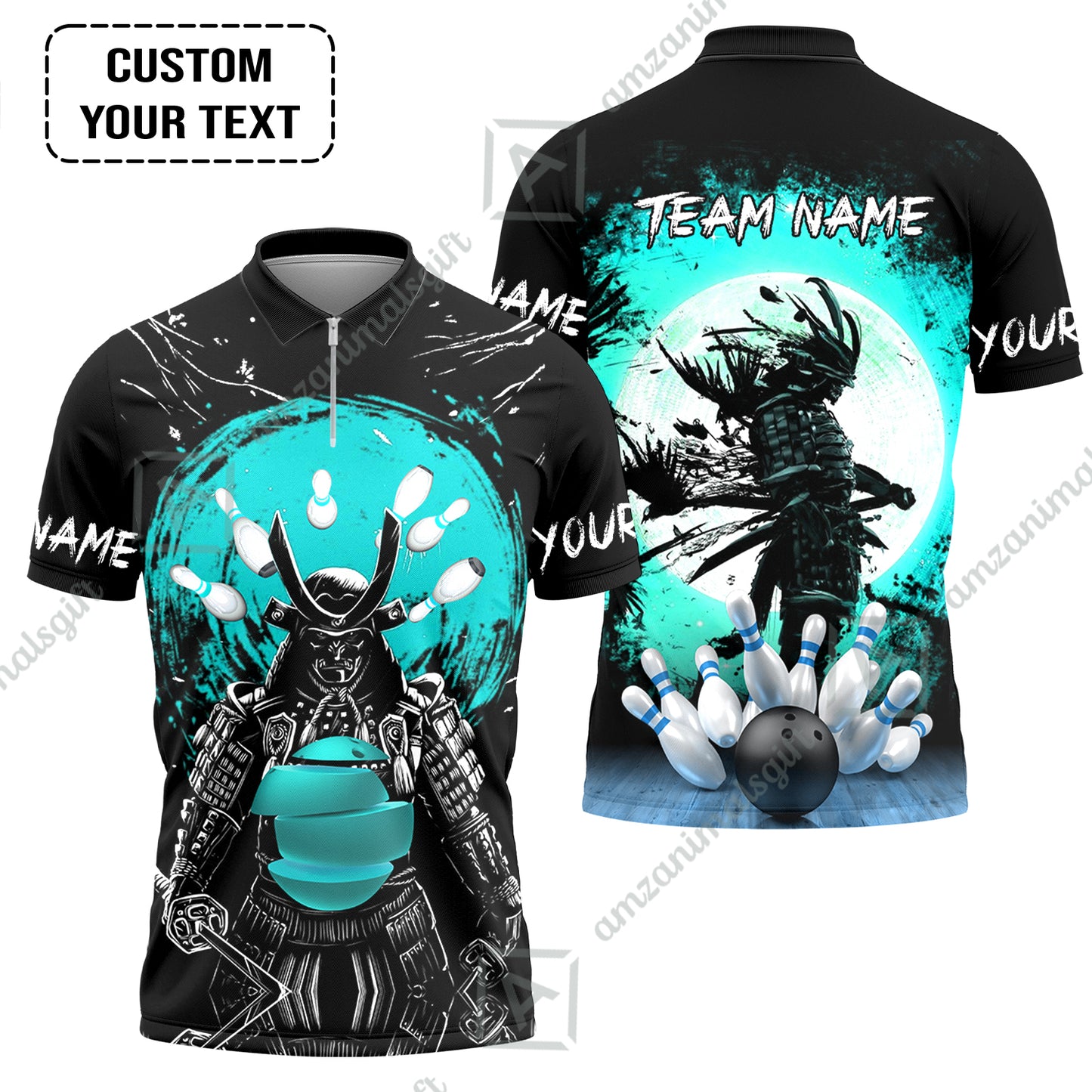 Custom Bowling Team Jerseys Polo Shirts, Bowling uniforms Ball And Pins Samurai Multicolor Options Personalized Name And Team Name