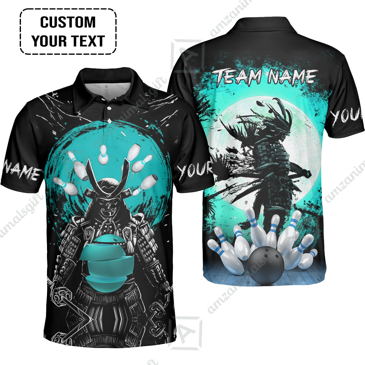 Custom Bowling Team Jerseys Polo Shirts, Bowling uniforms Ball And Pins Samurai Multicolor Options Personalized Name And Team Name