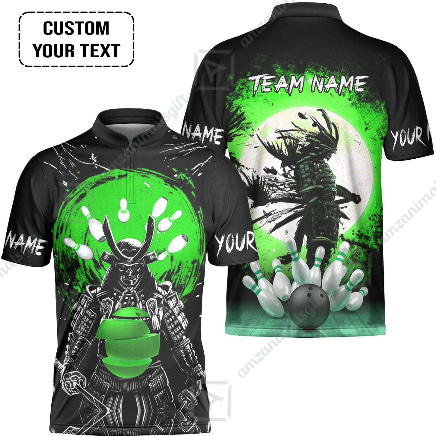 Custom Bowling Team Jerseys Polo Shirts, Bowling uniforms Ball And Pins Samurai Multicolor Options Personalized Name And Team Name