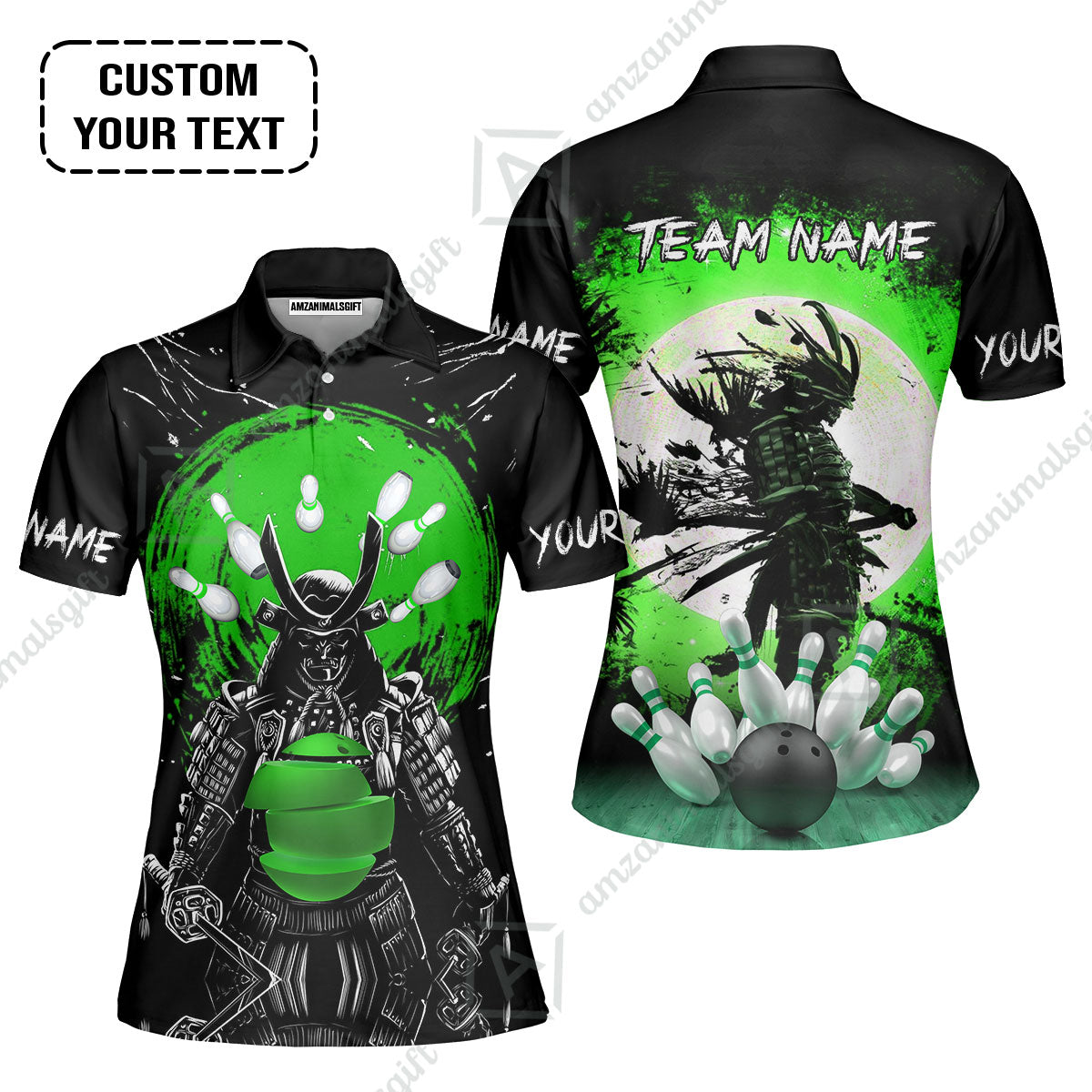 Custom Bowling Team Jerseys Polo Shirts, Bowling uniforms Ball And Pins Samurai Multicolor Options Personalized Name And Team Name