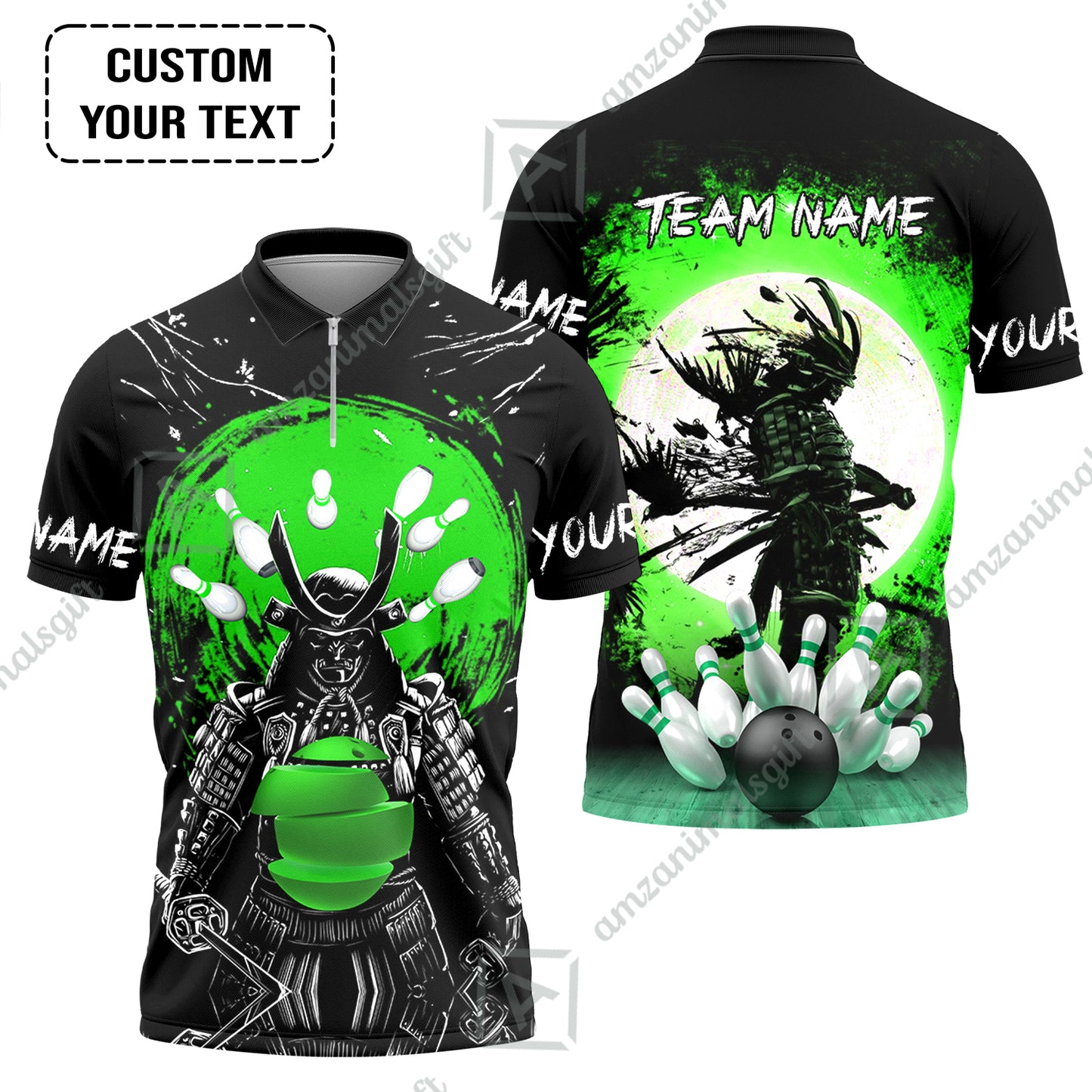 Custom Bowling Team Jerseys Polo Shirts, Bowling uniforms Ball And Pins Samurai Multicolor Options Personalized Name And Team Name